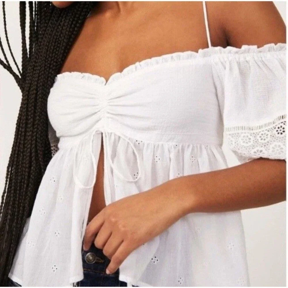 NWOT Free People Bambino Eyelet Puff Sleeve Off Shoulder Crop Top White Size XS